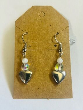 Silver Heart Drop Earrings with Iridescent Beads - Women Jewelry